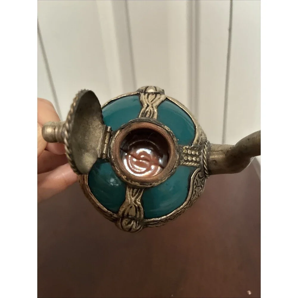 Vintage Moroccan Miniature Teapot Teal Ceramic Silver Metal Filigree Decorative